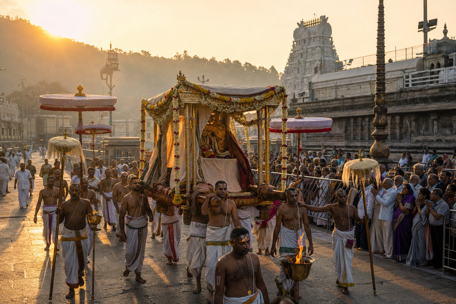 Temple attendants carry a flower-decorated ceremonial palanquin through a stone street at sunrise while pilgrims watch from the sides.