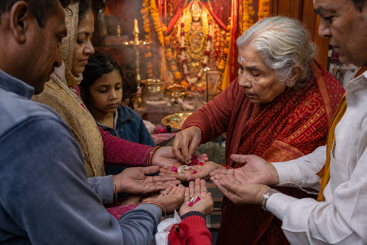 Pilgrims of different ages receive cowrie shells and flower petals together before a lamp-lit goddess shrine.