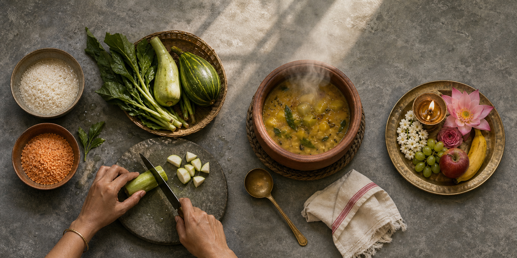Vegetarian ingredients, cooking pots, and a finished brass offering plate are arranged across a clean kitchen surface.