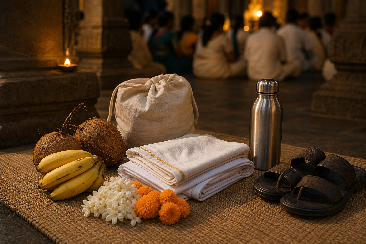 Folded traditional clothing, flowers, fruit, a water bottle and simple footwear are arranged near a softly lit temple corridor.