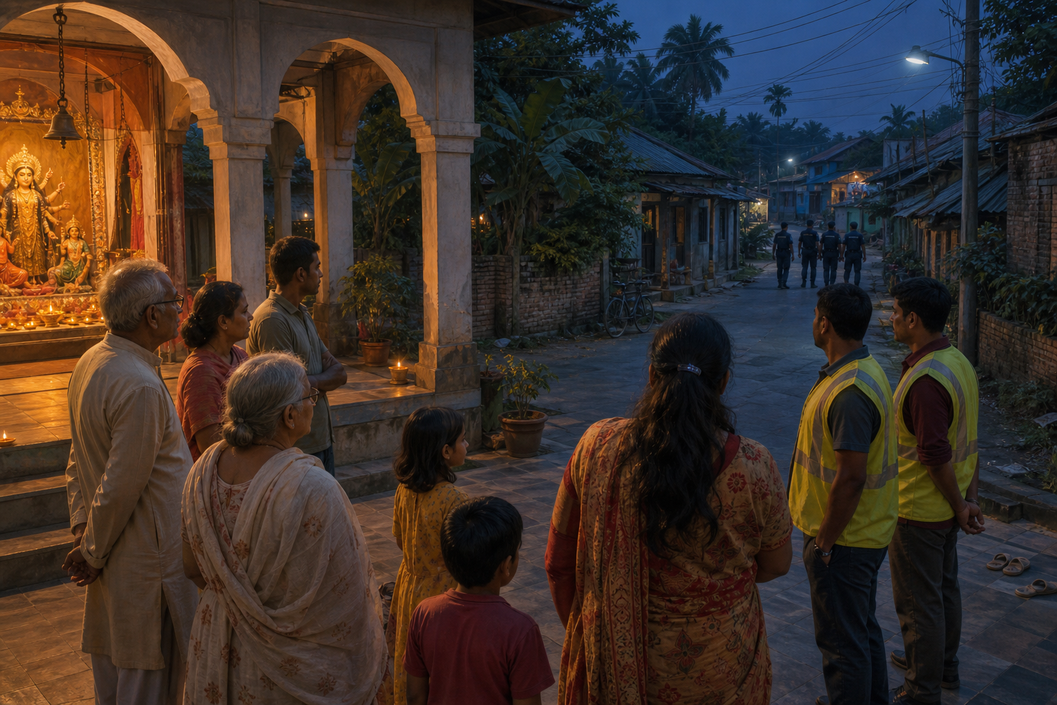 Families gather in a warmly lit temple courtyard while community volunteers watch a quiet neighborhood lane at dusk.