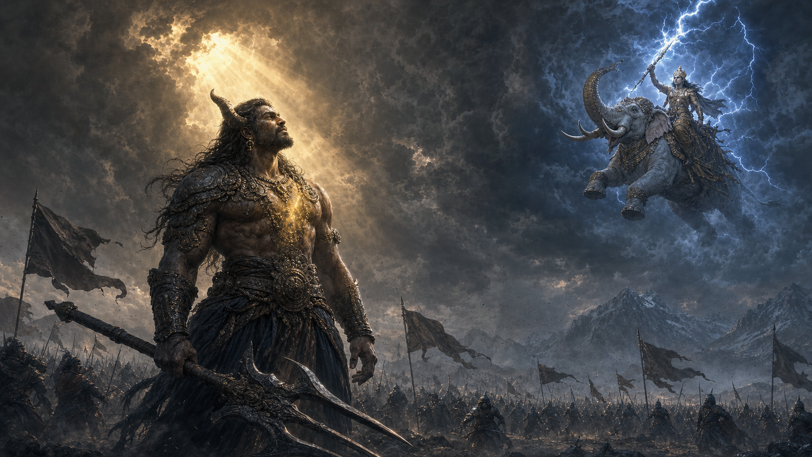 Vritrasura stands calmly on a stormy battlefield while Indra approaches on the white elephant Airavata with the vajra raised.