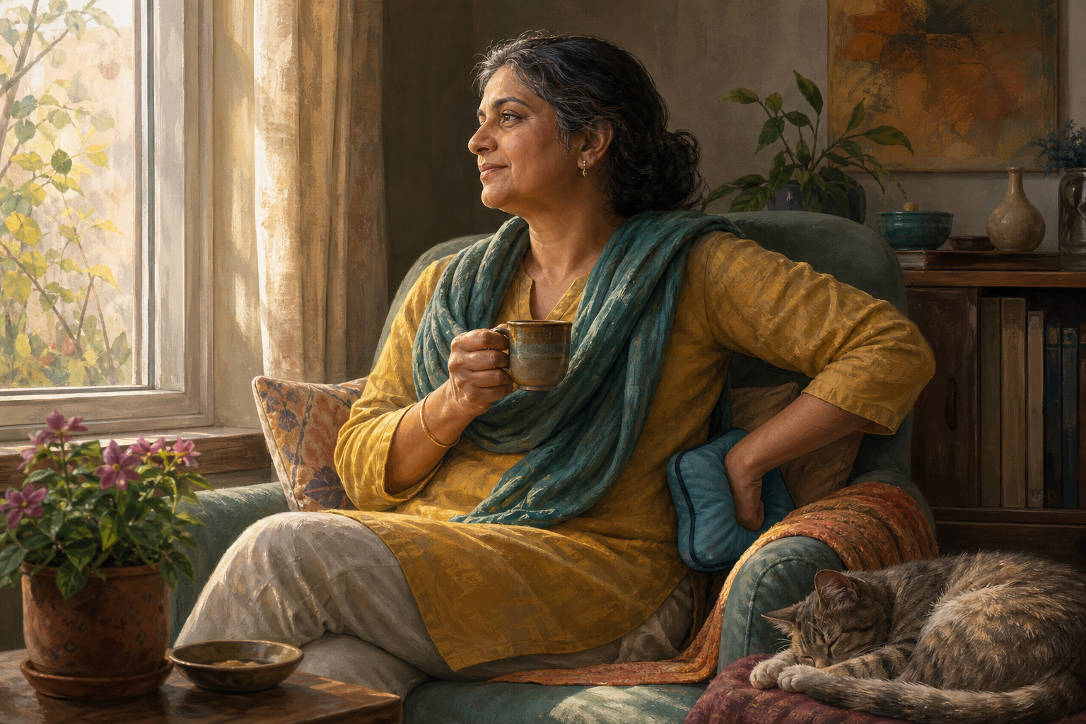 An adult with a heat wrap rests in a cushioned armchair, holding a warm cup beside a sleeping cat and a sunlit flowering plant.