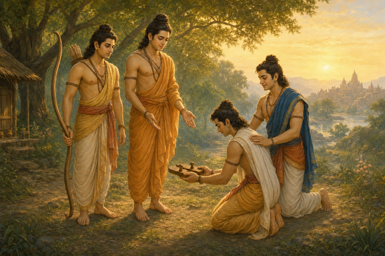 Rama, Lakshmana, Bharata, and Shatrughna gather respectfully at a forest hermitage, with Bharata kneeling near Rama's wooden sandals.