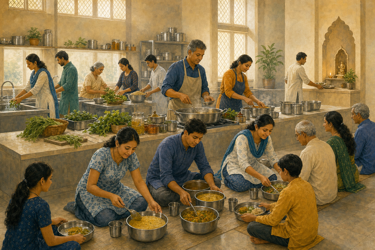 Volunteers prepare, offer, and serve a vegetarian meal together in a sunlit temple kitchen.