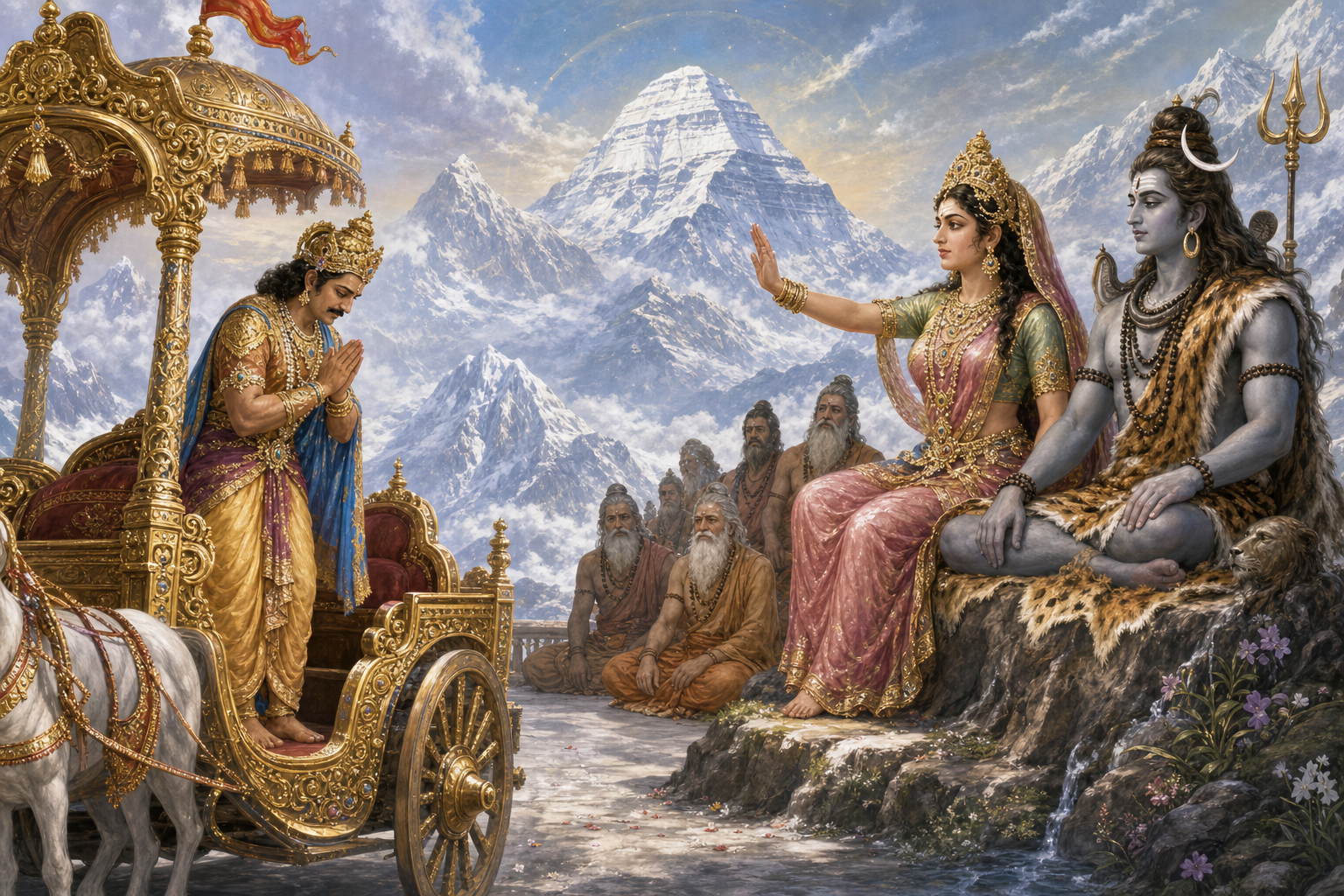 Chitraketu bows with joined palms in a celestial chariot as Parvati raises her hand beside the seated Shiva on Mount Kailasa.