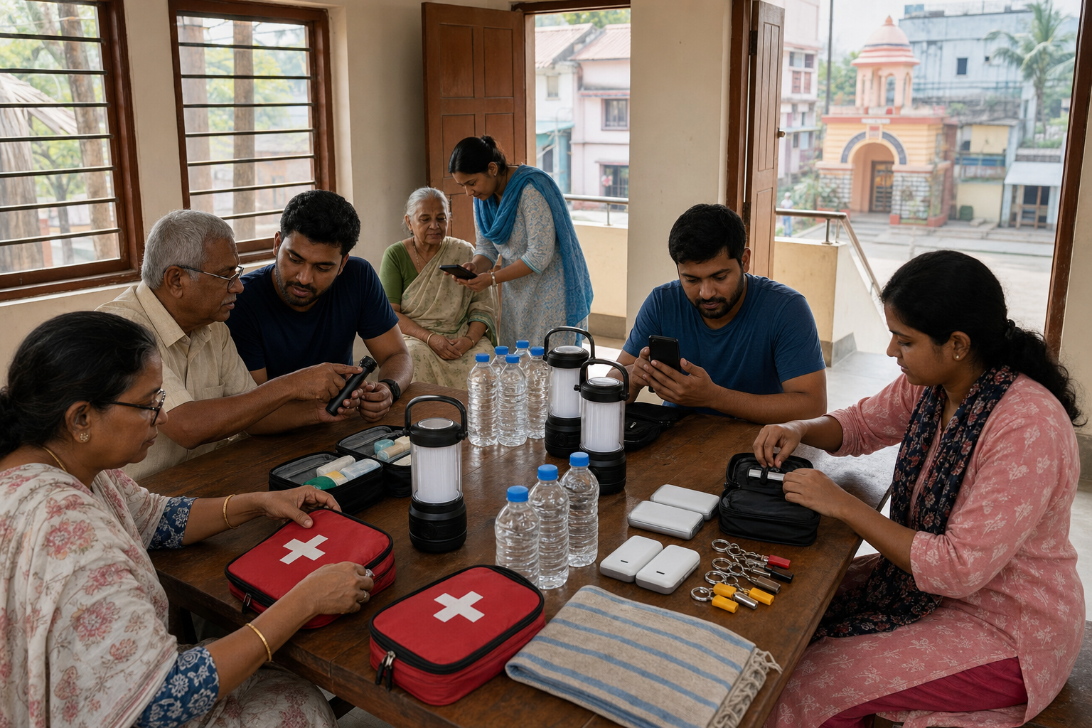 Community members assemble first-aid supplies, lanterns, phones, water, and other emergency items around a table.