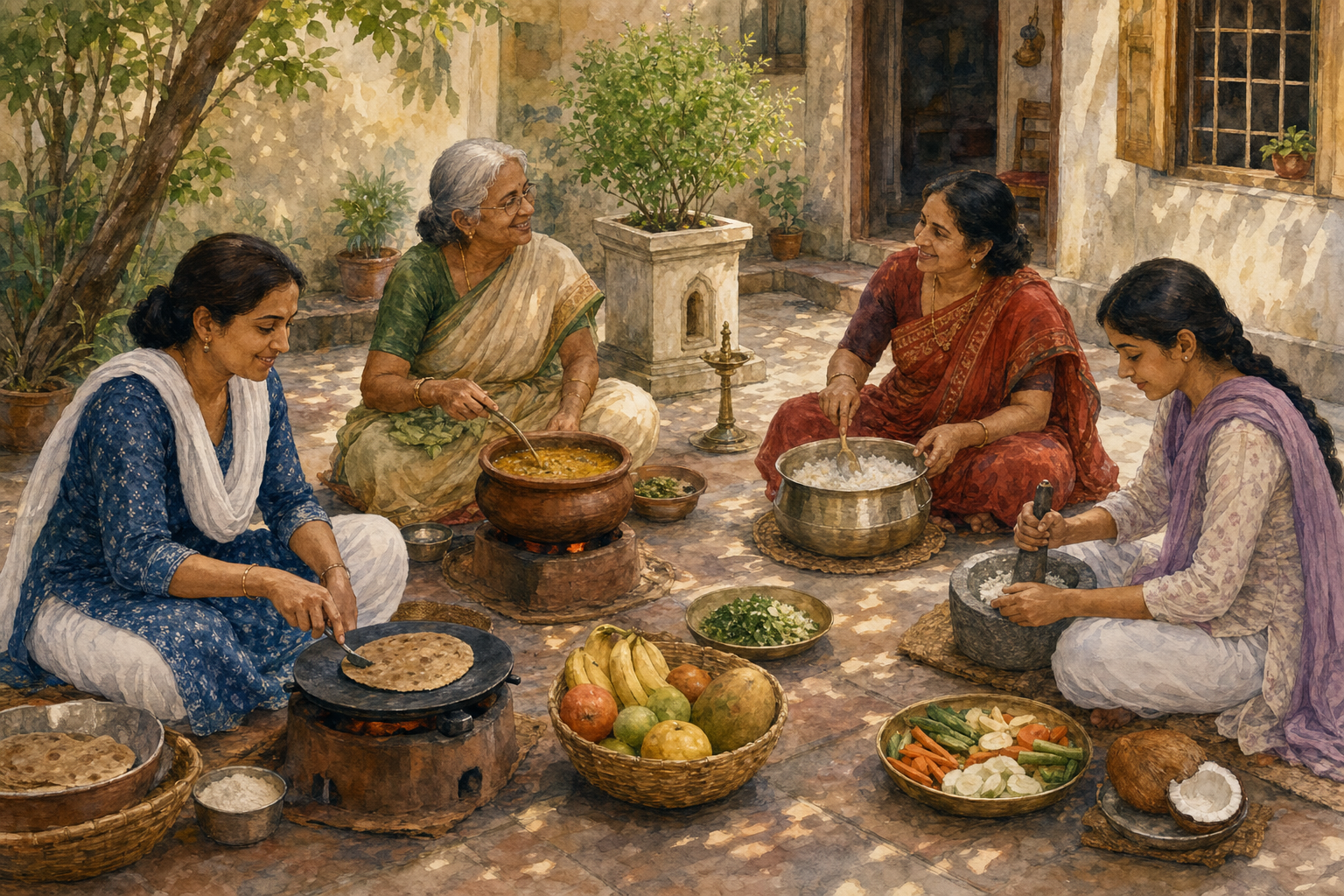 Four cooks of different generations prepare varied vegetarian dishes together in a shaded courtyard.