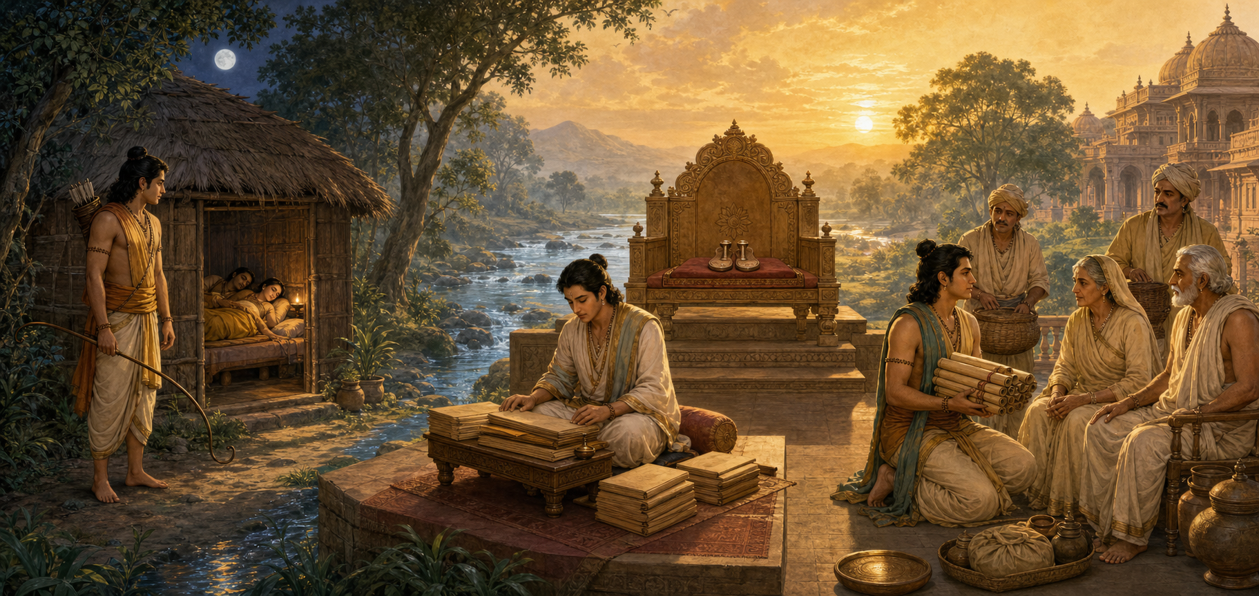 Lakshmana watches over a forest dwelling, Bharata serves below an empty throne bearing wooden sandals, and Shatrughna assists elders and stewards.