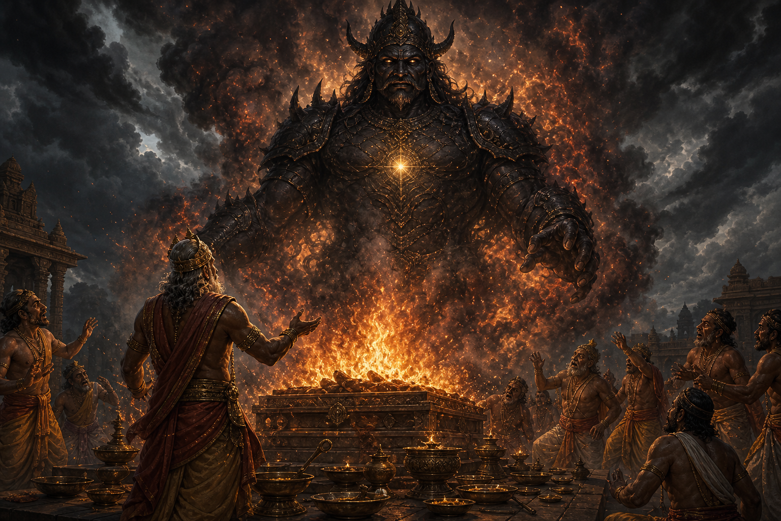 A colossal armored Vritrasura rises from the flames of a sacrificial altar while Tvashtha and several priests stand nearby.