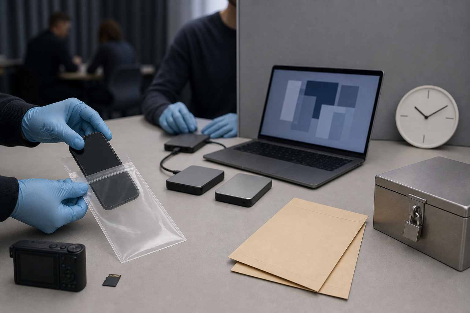 Gloved volunteers preserve a phone and copy digital files to separate storage devices at a secure desk.