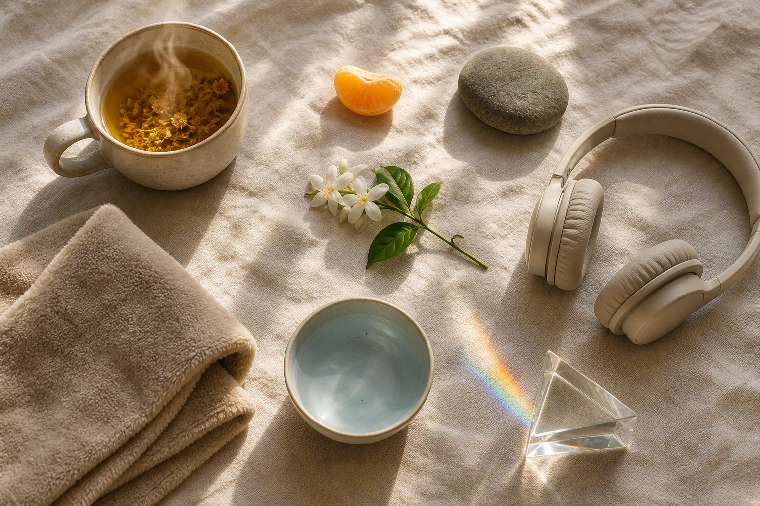 Tea, citrus, a smooth stone, jasmine, headphones, soft fabric, water, and a glass prism are arranged on a neutral cloth.
