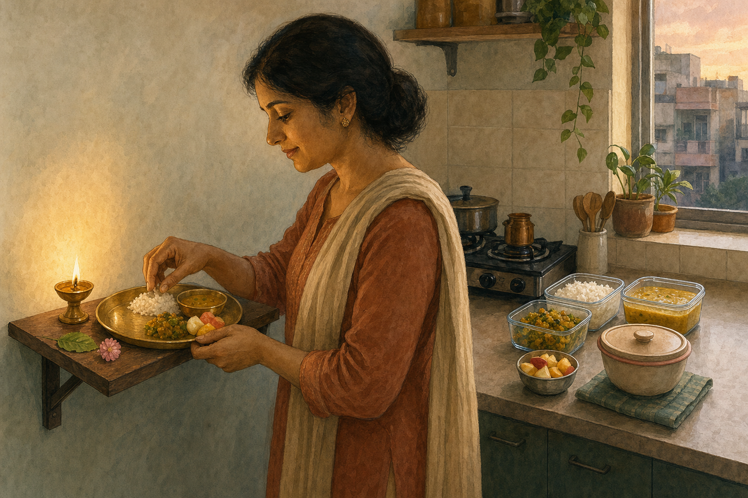 A devotee sets aside the first portion of a simple vegetarian dinner beside a flower, tulsi leaf, and oil lamp.