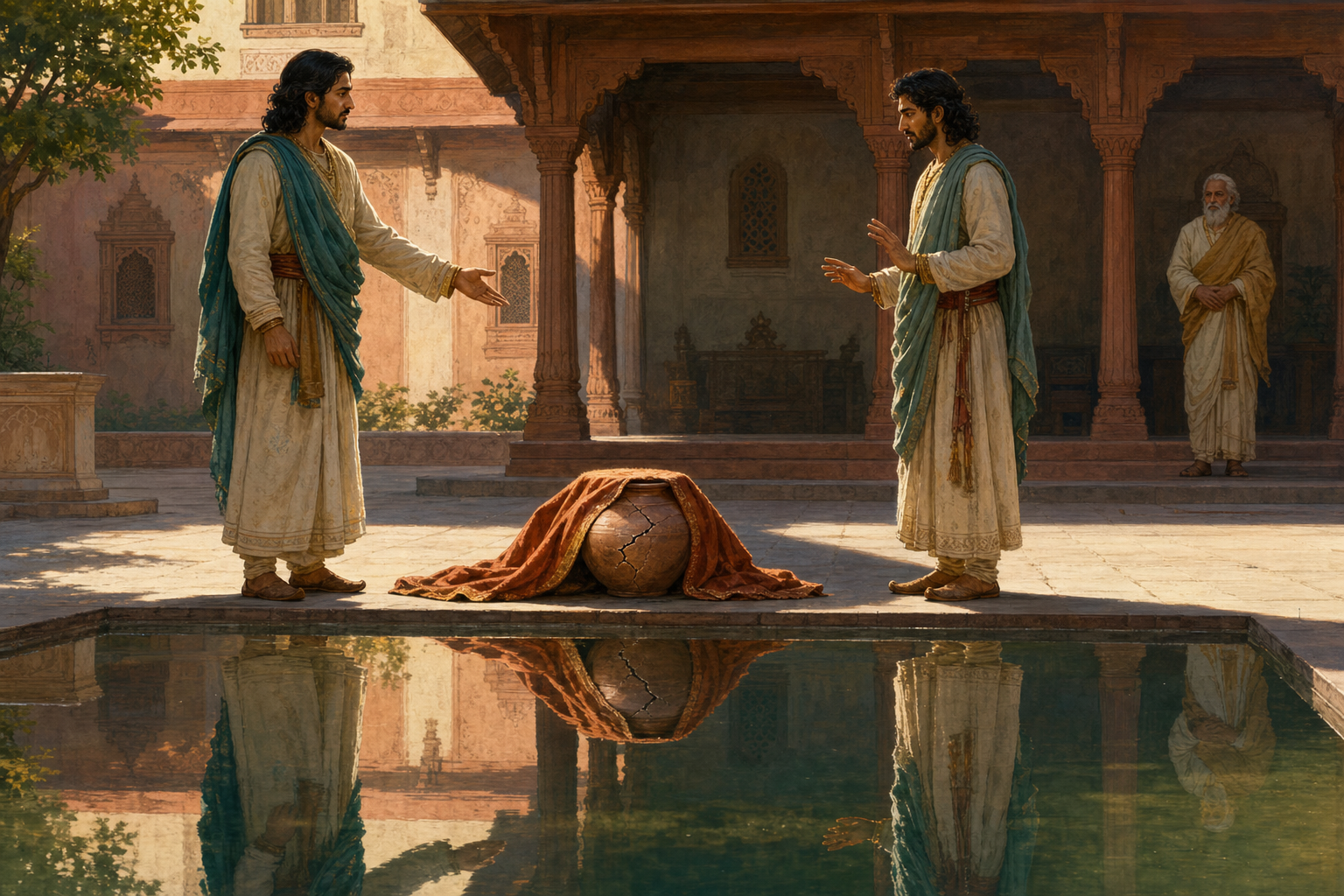 Two brothers speak beside a reflecting pool after uncovering a cracked vessel, while an elderly family member waits in the courtyard behind them.