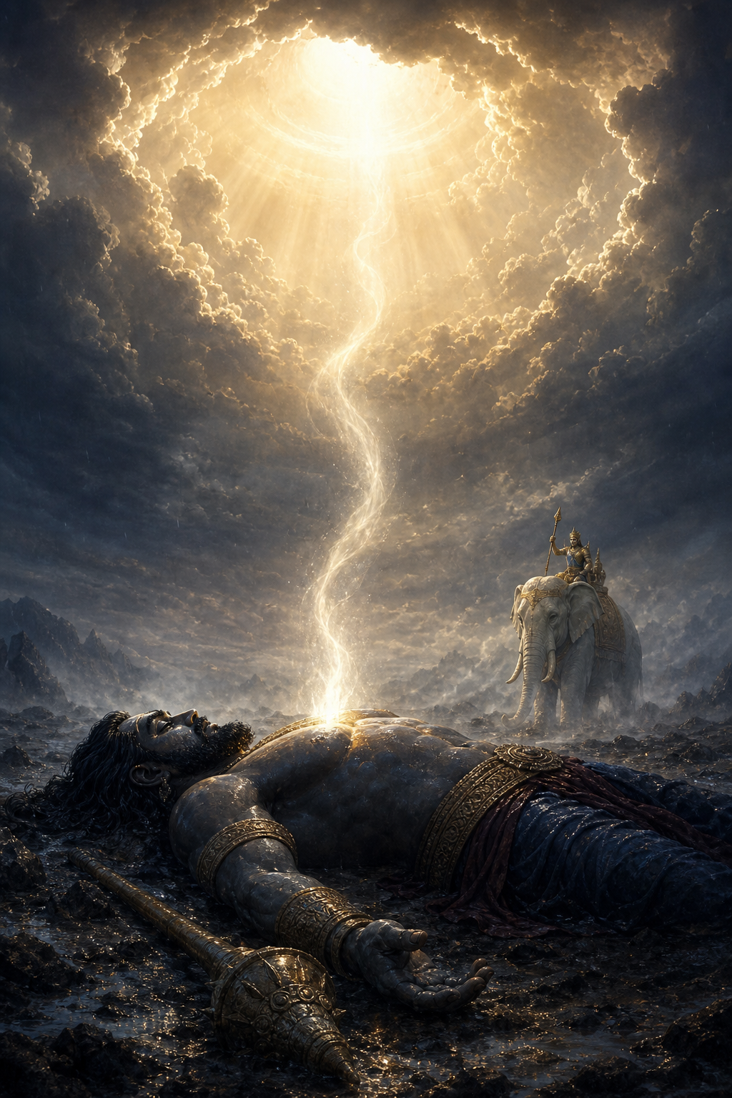 Vritrasura lies on the quiet battlefield as a small light rises from him toward a bright opening in the clouds and Indra lowers his weapon in the distance.