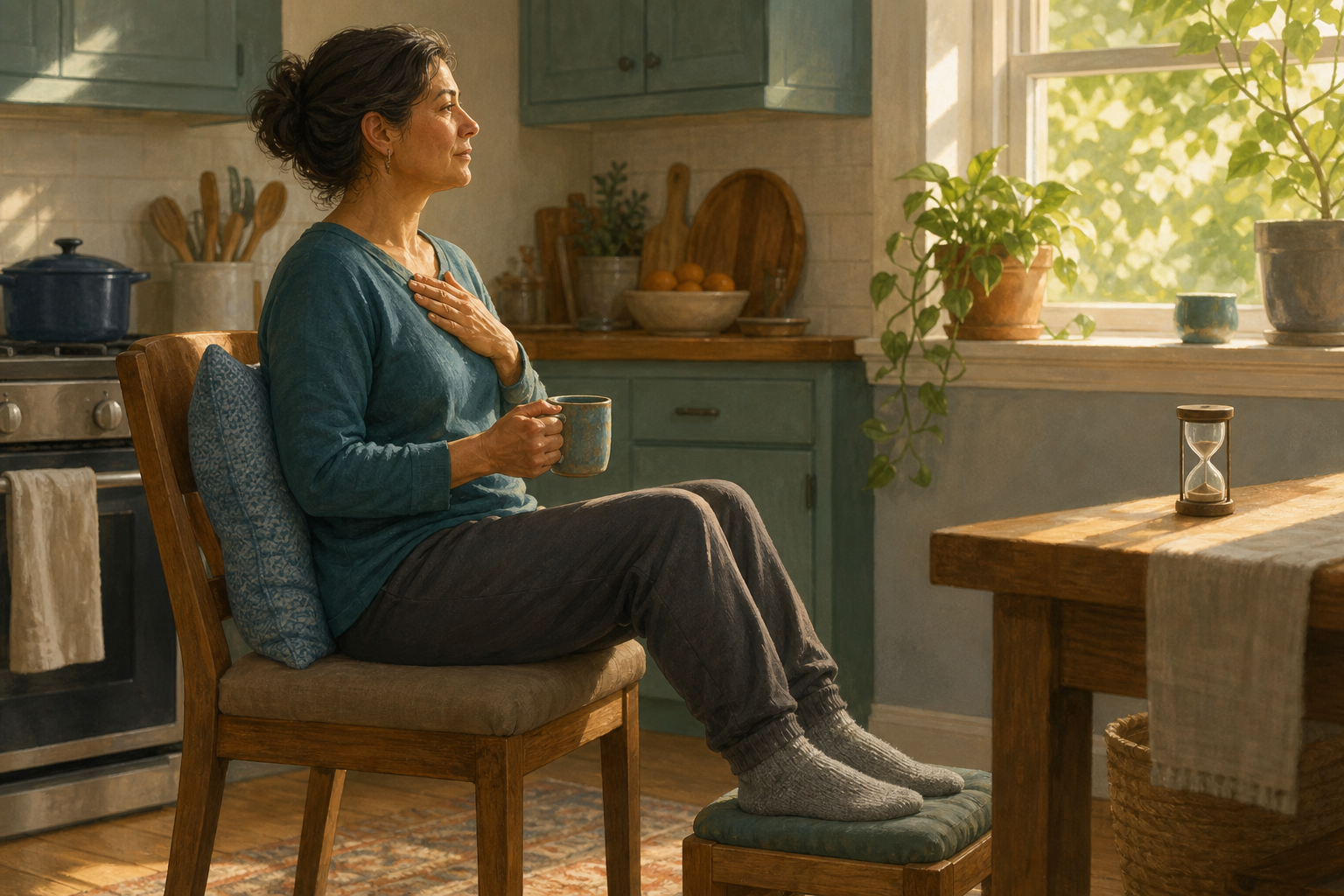 A seated adult with back and foot support holds a warm mug and looks at sunlit leaves during a brief sensory pause.
