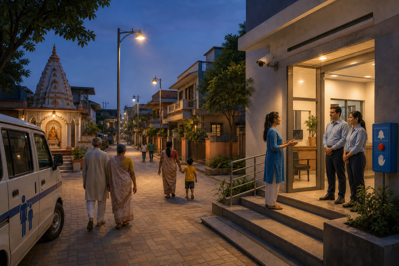 Residents walk along a well-lit lane with safety equipment and public officers near a local service building.