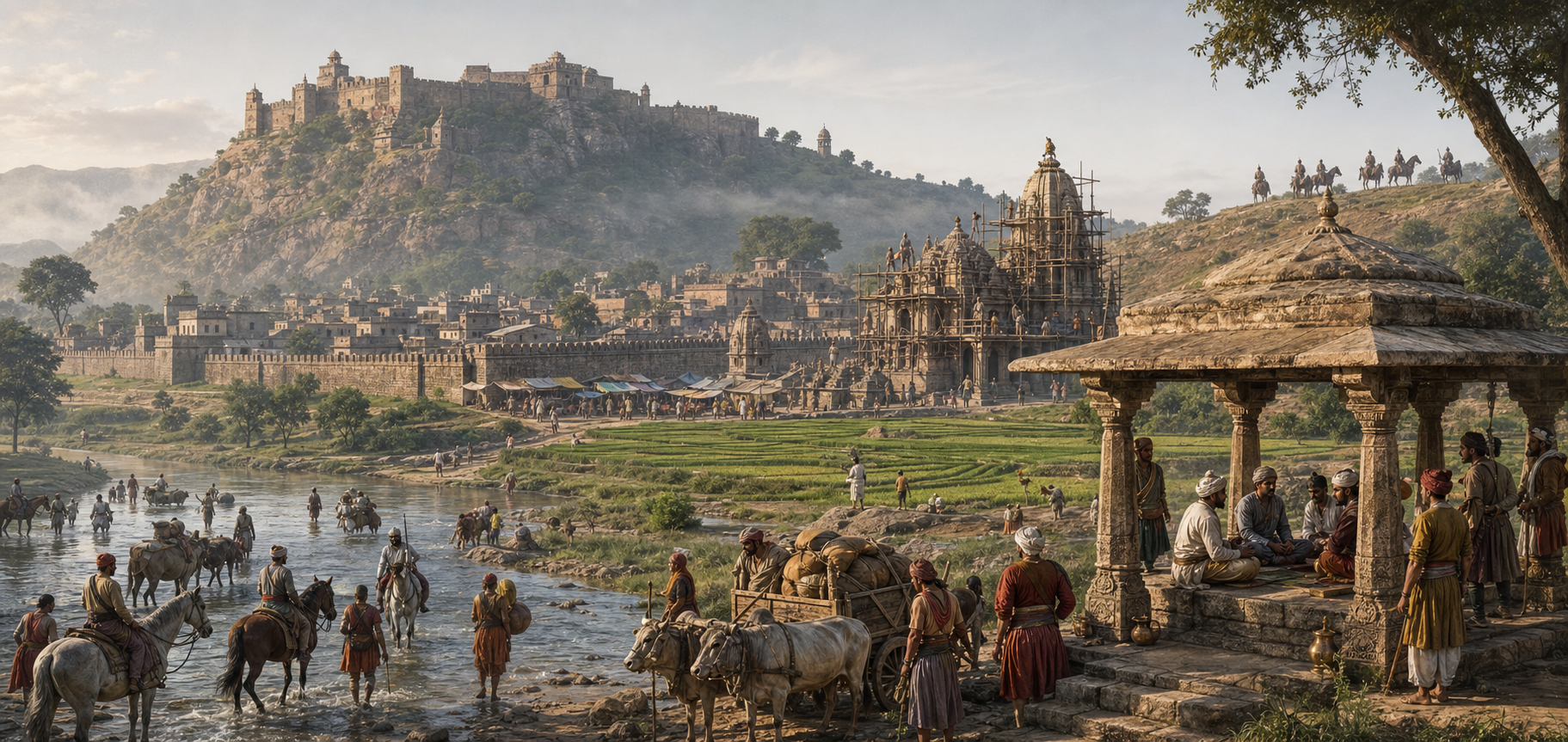 A medieval Indian hill fort overlooks a temple town, farms, a river crossing, mounted defenders, merchants, villagers, and local officials.