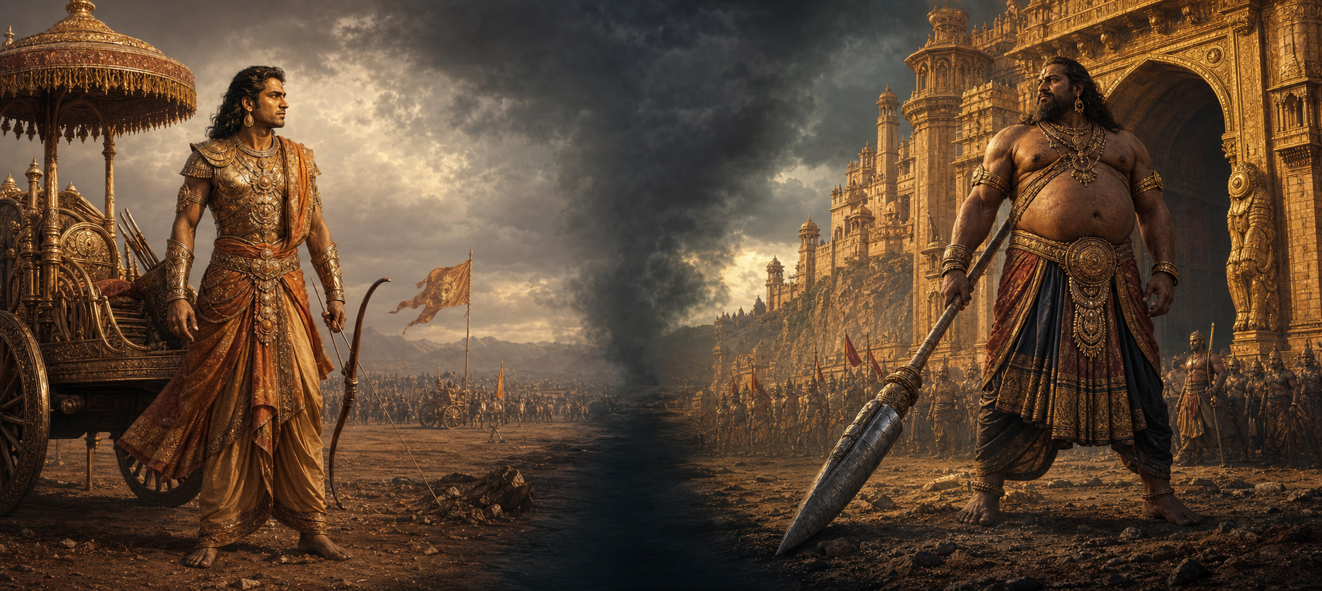 Karna stands beside a chariot at Kurukshetra while Kumbhakarna stands outside the gates of Lanka, each turning toward a darkened battlefield.