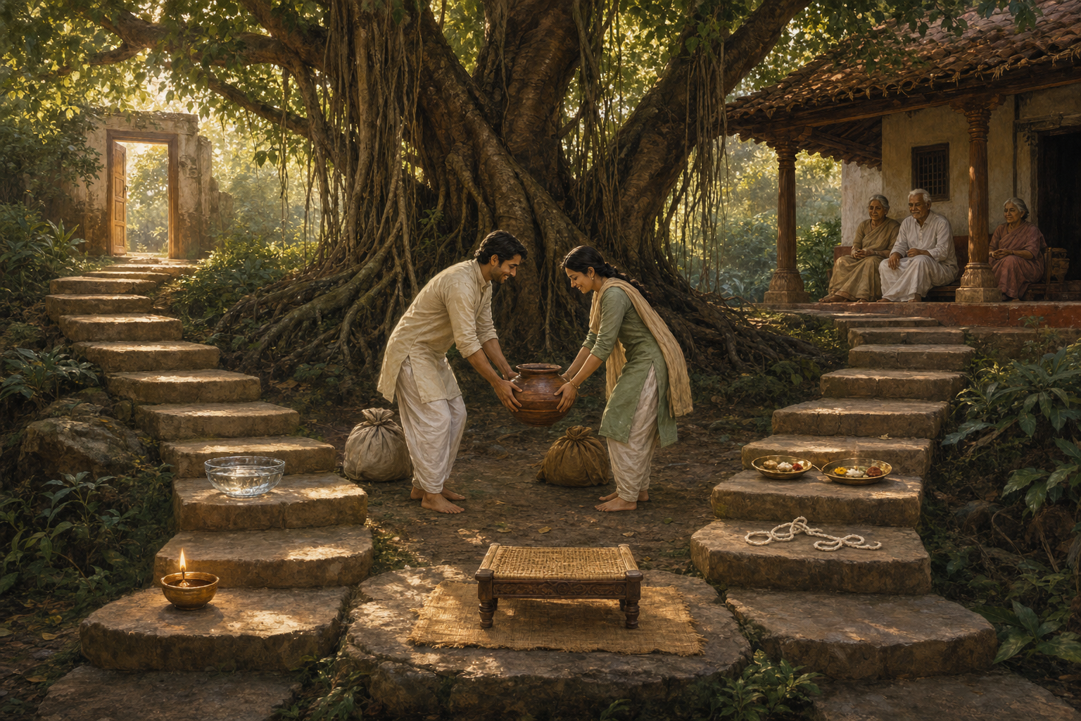 Two siblings follow six stone steps through a banyan grove and meet to lift a family water vessel together near their ancestral home.