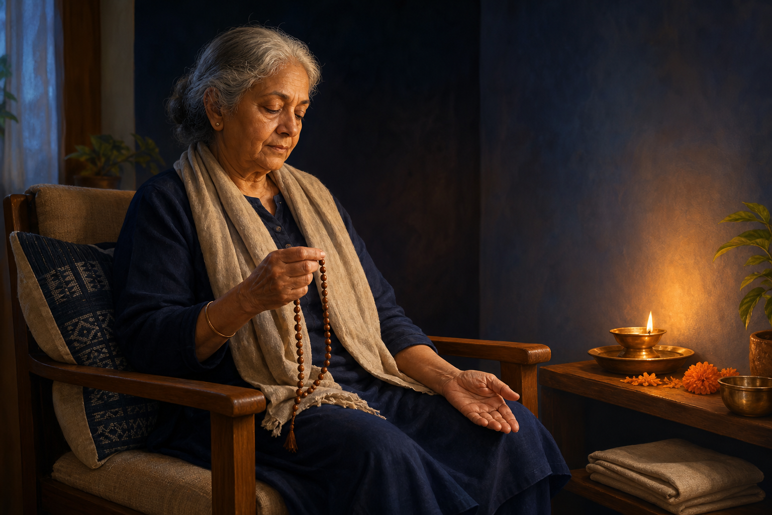 An older adult sits in a cushioned chair holding wooden prayer beads beside a glowing diya and marigold petals.