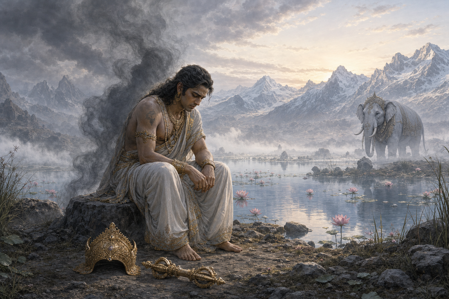 Indra sits beside a misty lotus lake with his crown and vajra on the ground while Airavata waits in the background and a dark shadow gathers behind him.