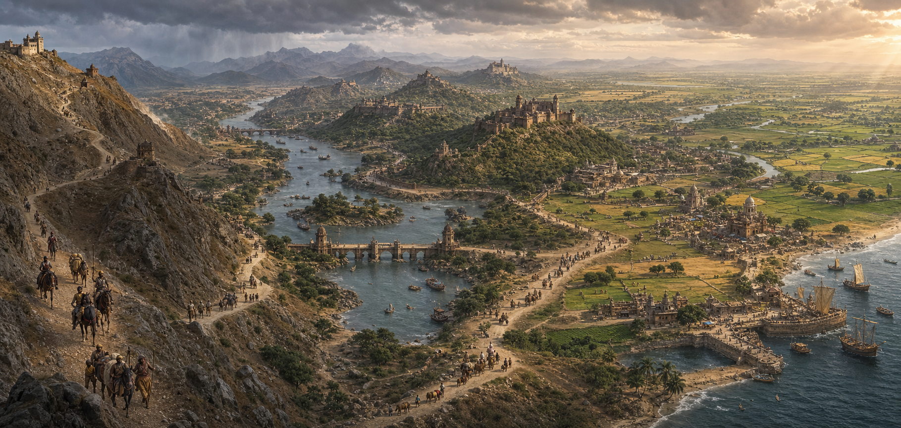 An aerial landscape links mountain passes, rivers, farms, regional forts, inland towns, and a coastal port across medieval India.