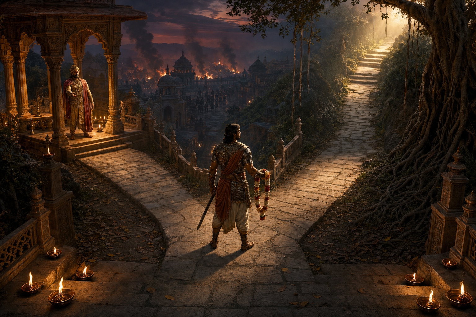 A warrior holding a ceremonial garland hesitates where a palace path divides between a welcoming pavilion, a smoky battlefield, and a steep sunlit road.