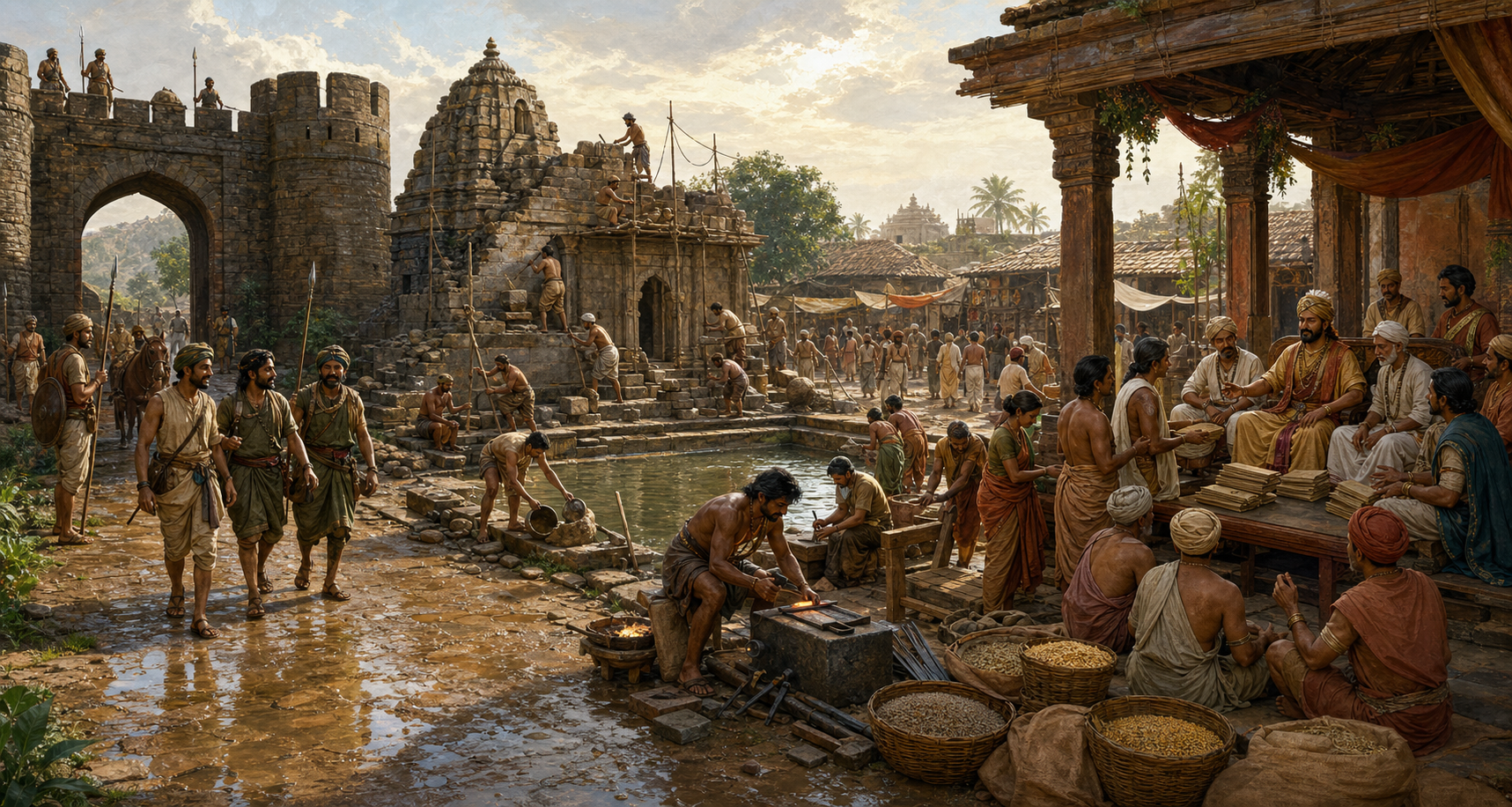 Guards, craftspeople, townspeople, officials, and envoys defend, repair, provision, and govern a medieval Indian settlement.
