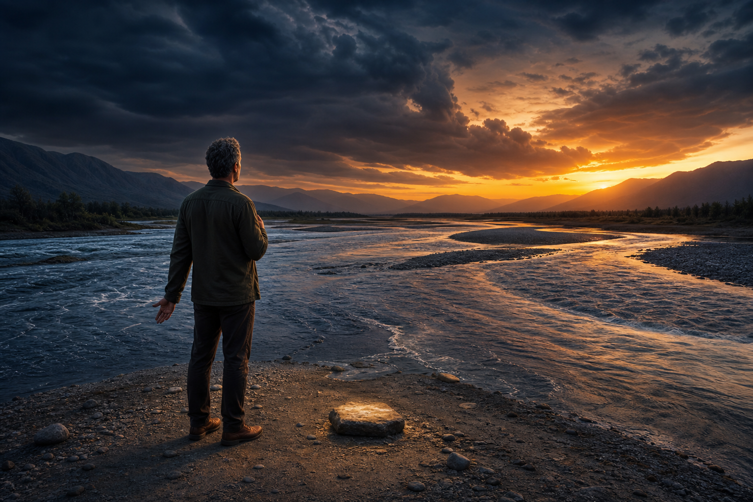 A contemplative person stands beside a many-currented river at twilight, facing one stepping stone illuminated by warm light.