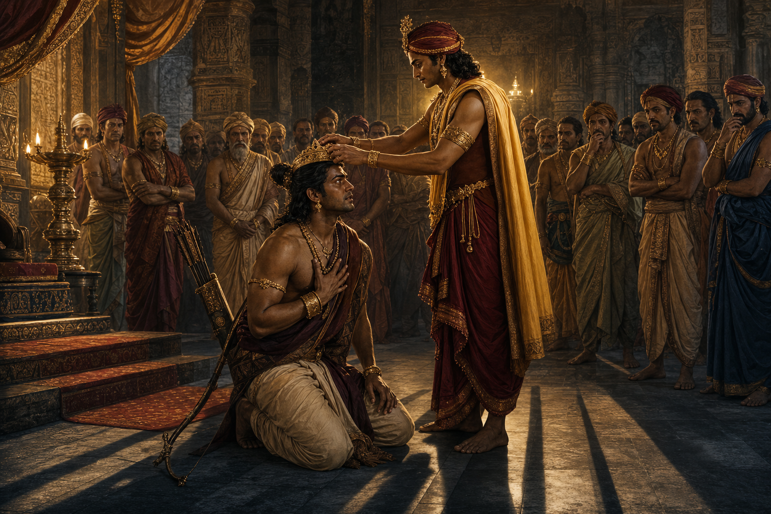 Duryodhana places a royal diadem on a kneeling Karna in a crowded court as a long shadow falls around Karna.