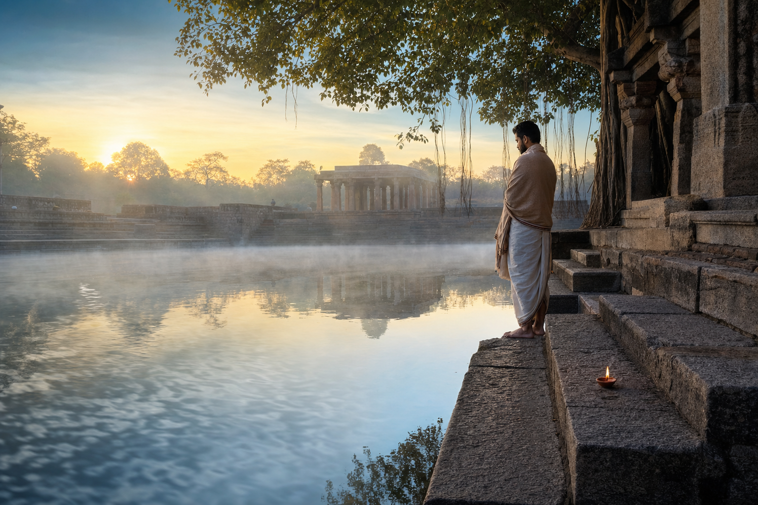 A contemplative person stands beside a stone temple tank where rippled, misty water gradually becomes still and clearly reflects the dawn sky.