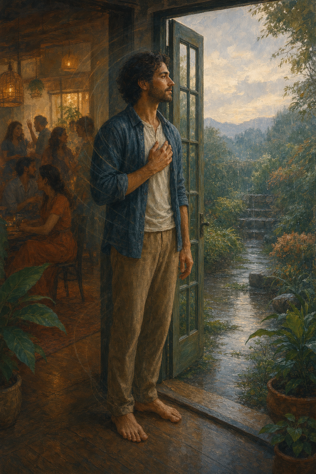A calm adult stands in an open doorway between a busy indoor gathering and a quiet rain-washed garden.
