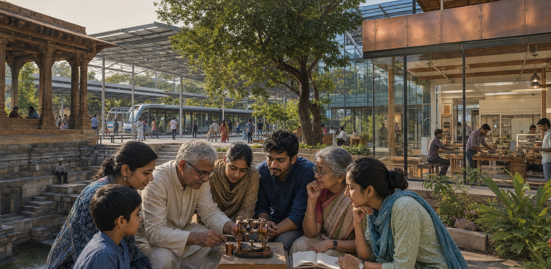 A multigenerational group gathers with a precision instrument in a modern Indian courtyard that combines a stepwell, trees, solar canopies, public transit, and a research workshop.