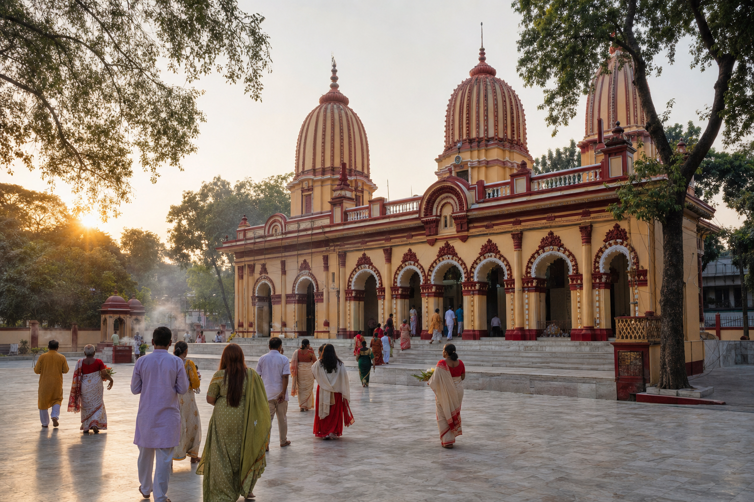 Dhakeshwari Temple's red-and-cream buildings and courtyard in warm evening light as worshippers arrive with flower offerings.