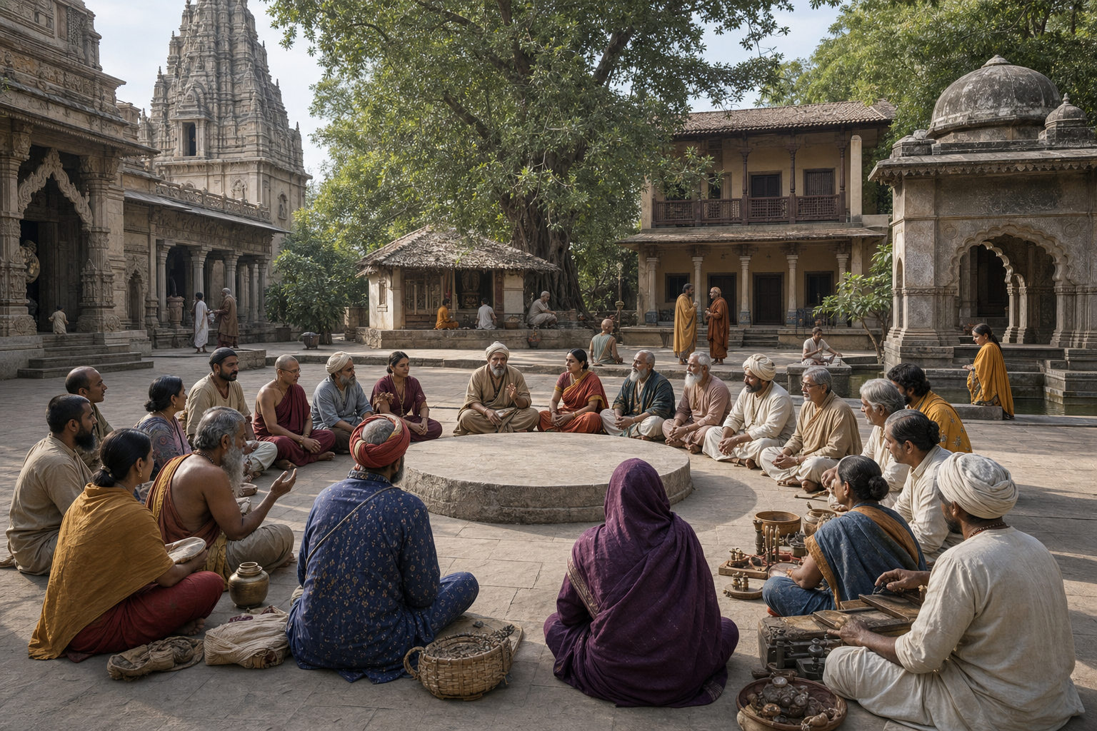 A diverse group of medieval Indian scholars, patrons, ascetics, craftspeople, temple custodians, and officials meets in a shared courtyard.