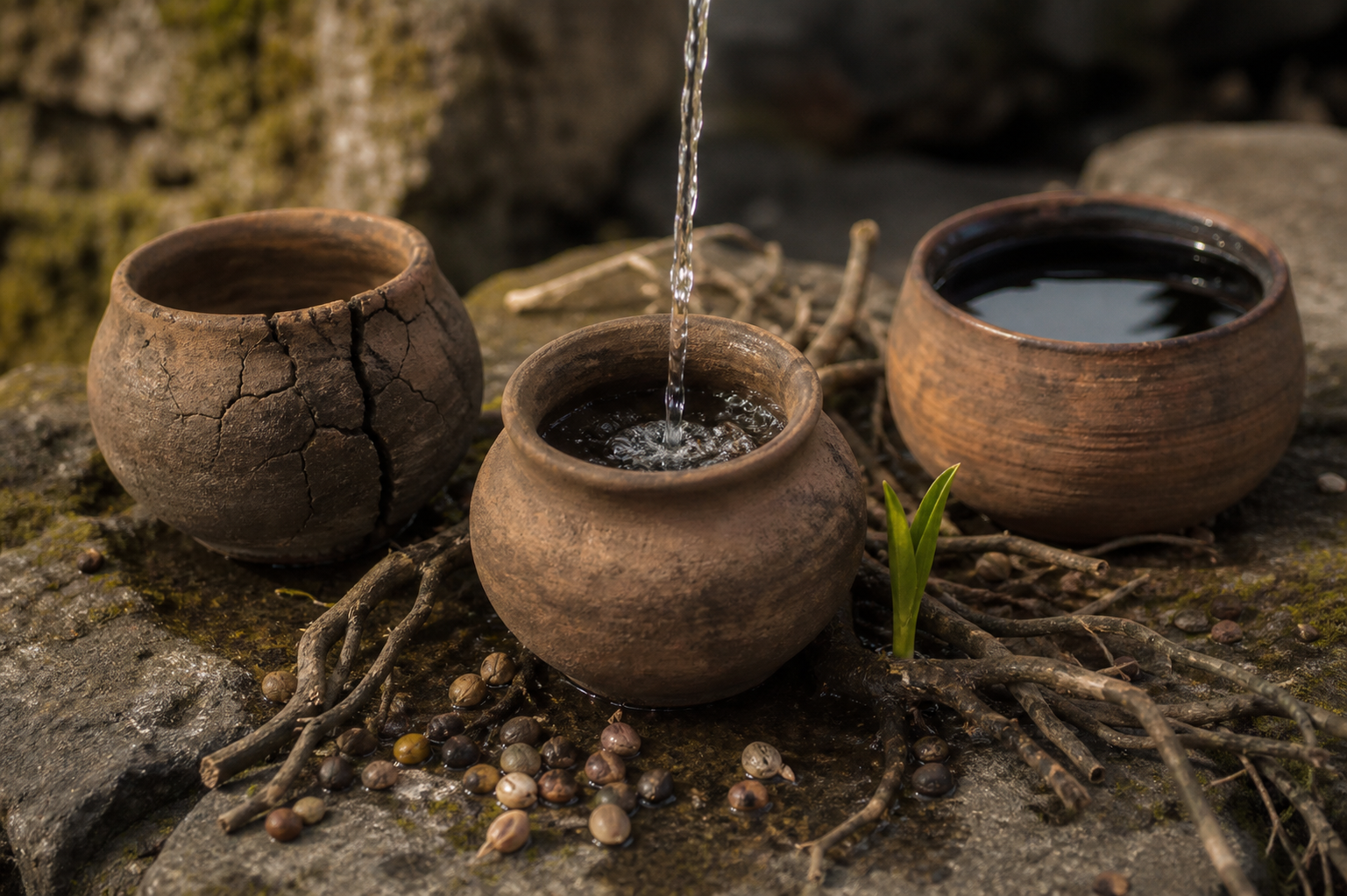 Cracked and intact clay vessels sit among seeds, roots, and new green shoots on a weathered stone surface.