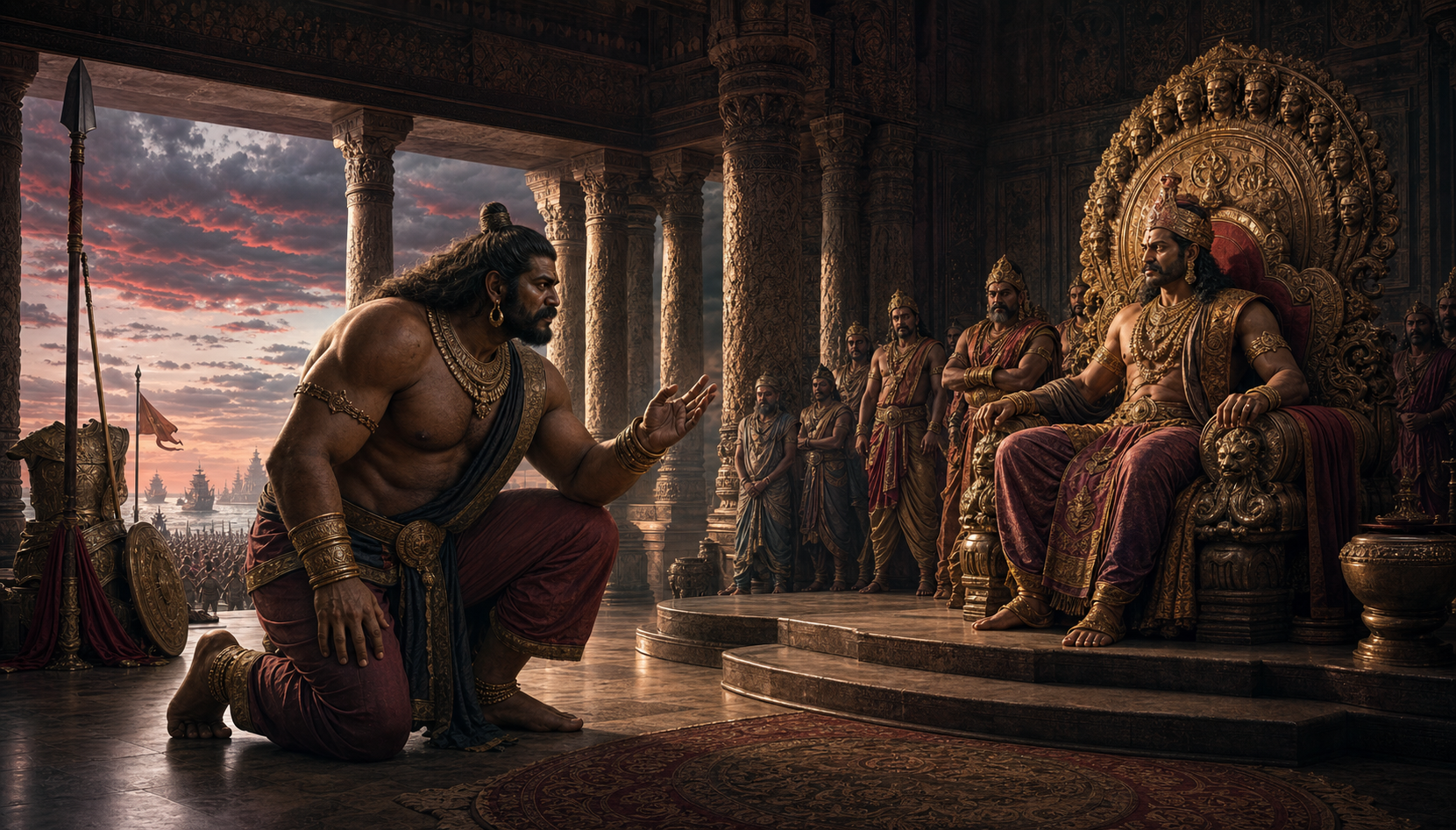 The giant Kumbhakarna kneels and raises a warning hand before Ravana's throne while his armor and spear wait near the palace doorway.