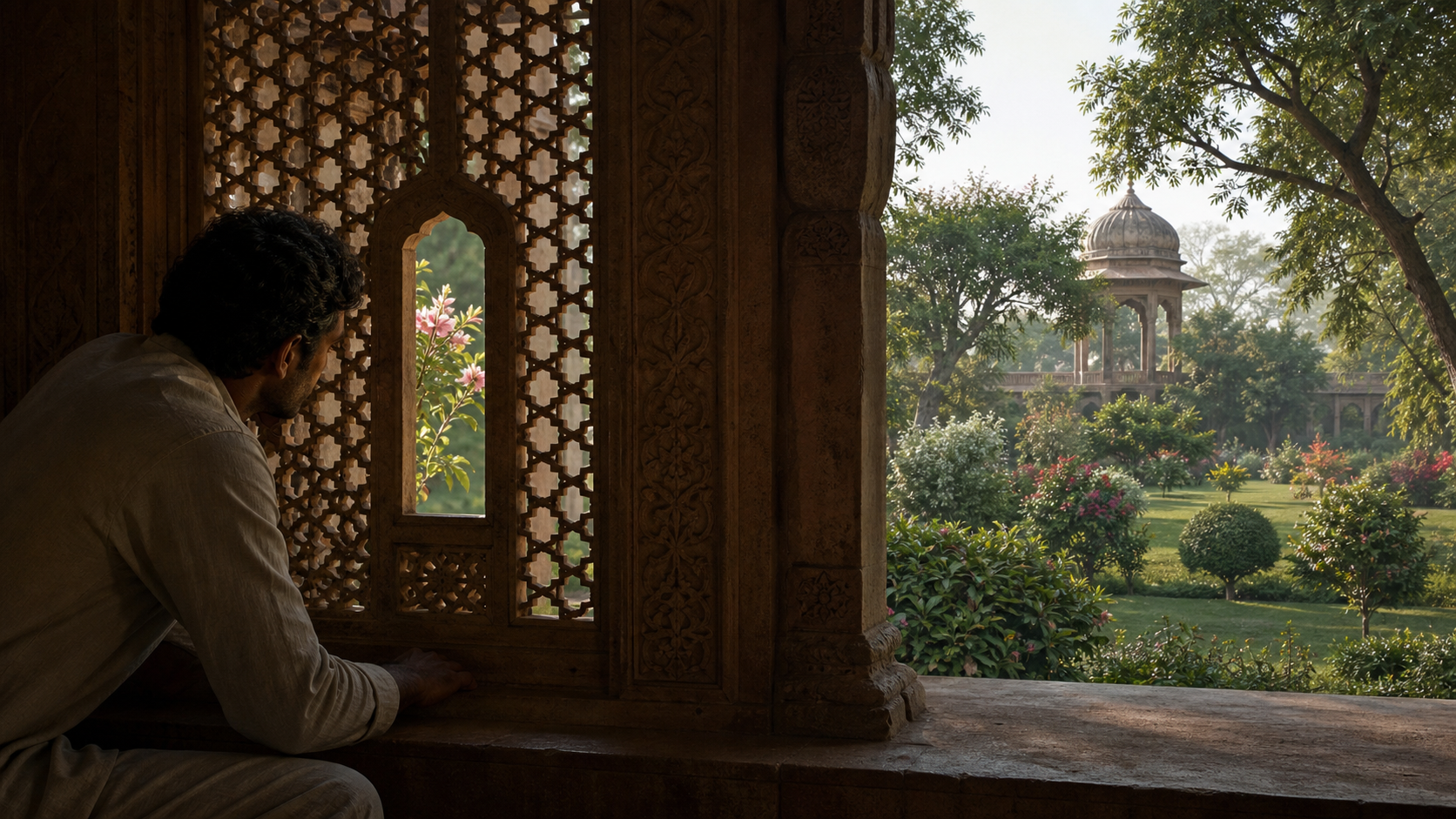 A person in a dark stone pavilion sees one flowering branch through a narrow lattice opening while a much larger garden remains hidden beyond the wall.