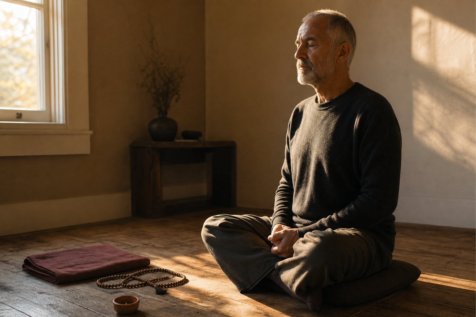 An older adult meditates on a cushion in a simple room at dawn with wooden beads, a clay lamp, and a folded blanket nearby.