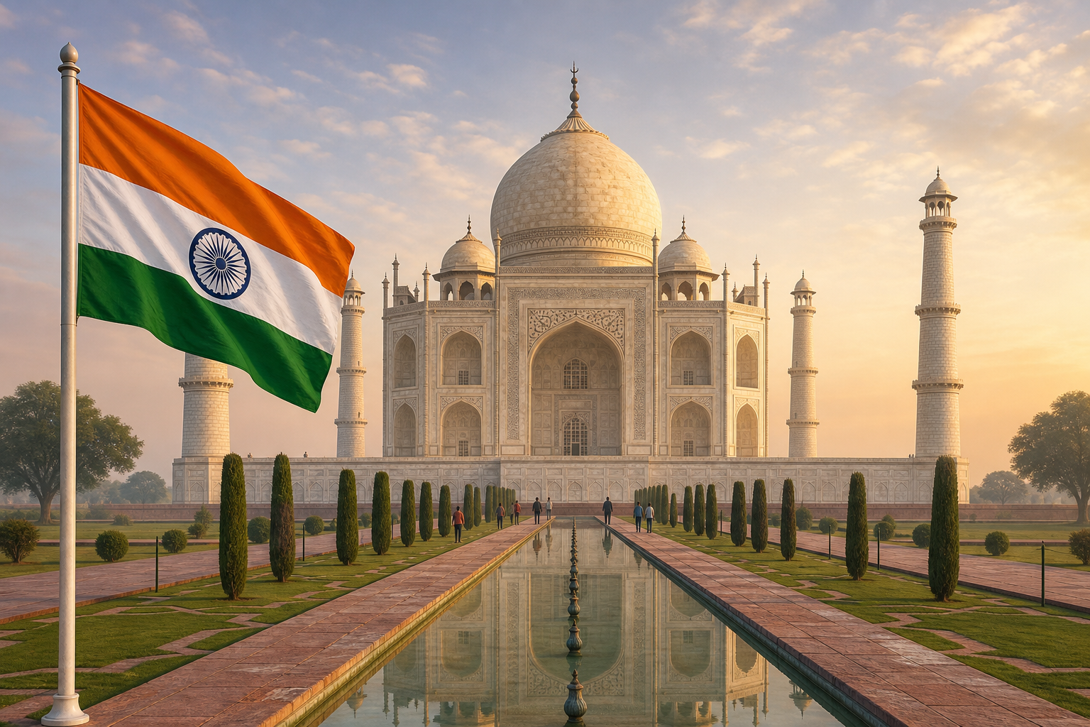 The Indian Tricolour frames a sunrise view of the Taj Mahal and its reflecting pool as visitors walk along the central path.