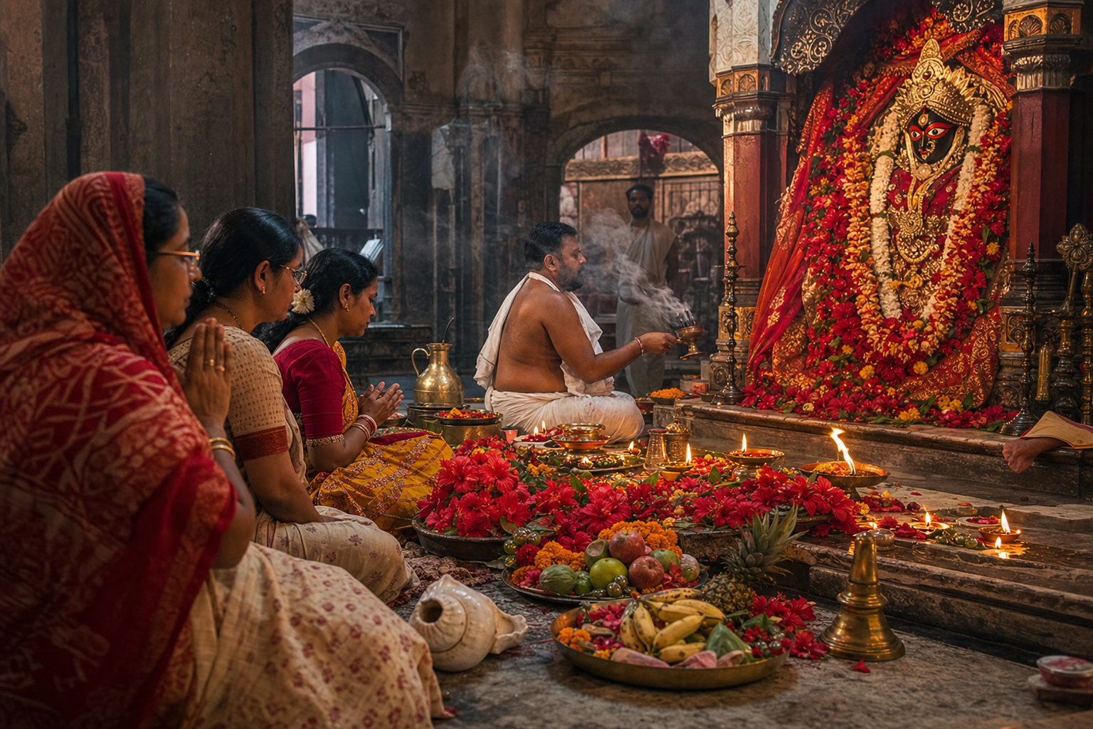 Bengali Hindu devotees and a priest worship the goddess with flowers, incense, fruit, brass vessels, and oil lamps inside a temple hall.