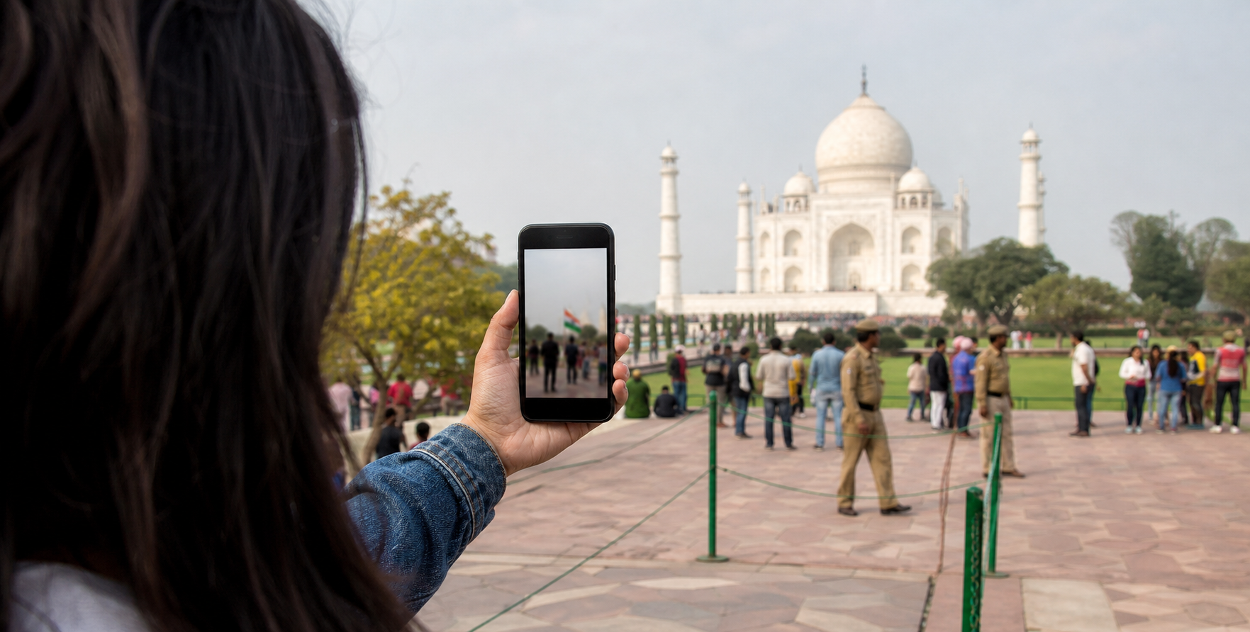 A viewer holds a phone showing a narrow glimpse of the Taj Mahal while the wider scene includes visitors, barriers, and security staff outside the frame.