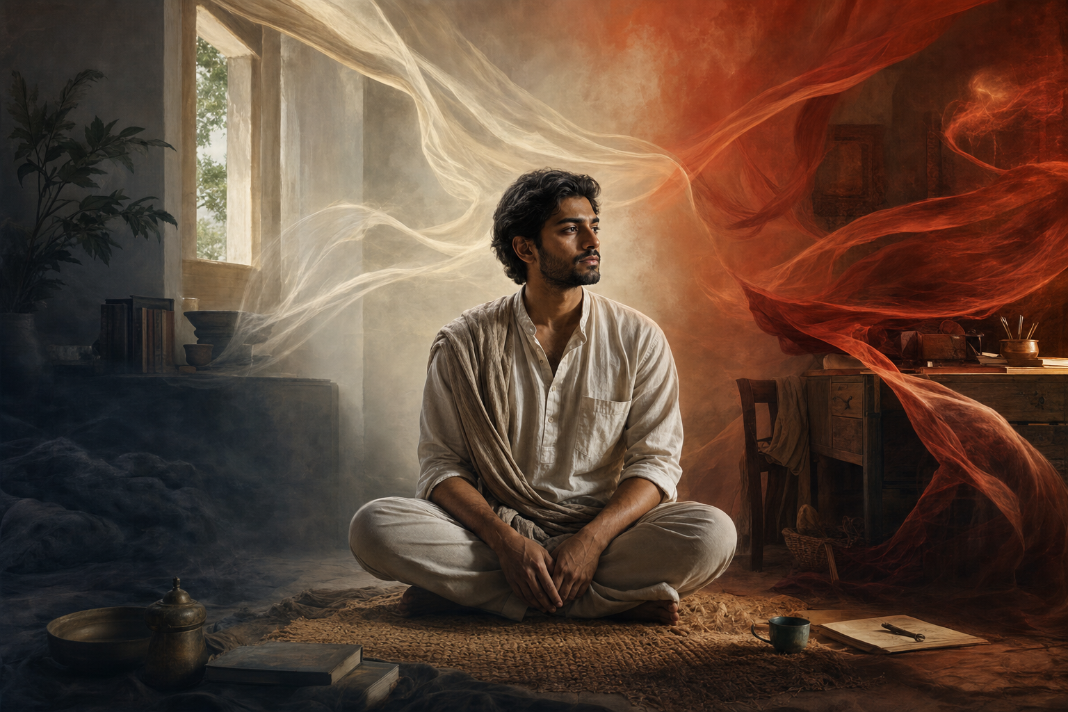 A seated person is surrounded by calm ivory light, restless vermilion fabric, and a heavy indigo haze representing three contrasting mental influences.