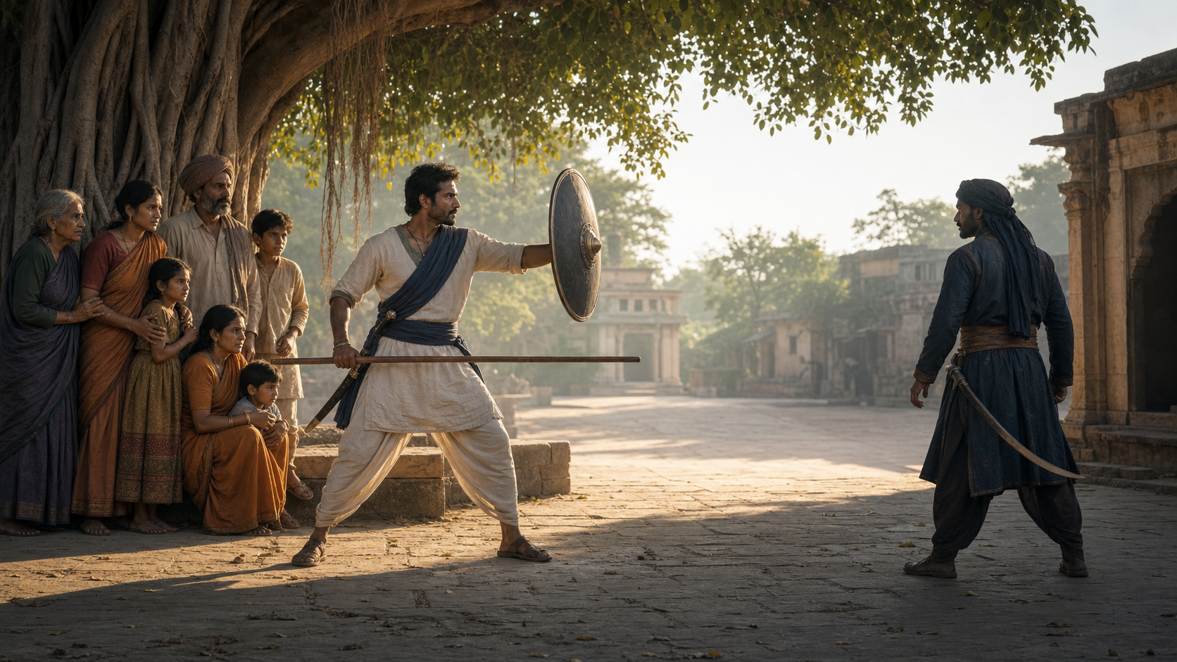 A guardian raises a shield and holds a staff across a village courtyard, standing between vulnerable villagers and a halted armed aggressor.