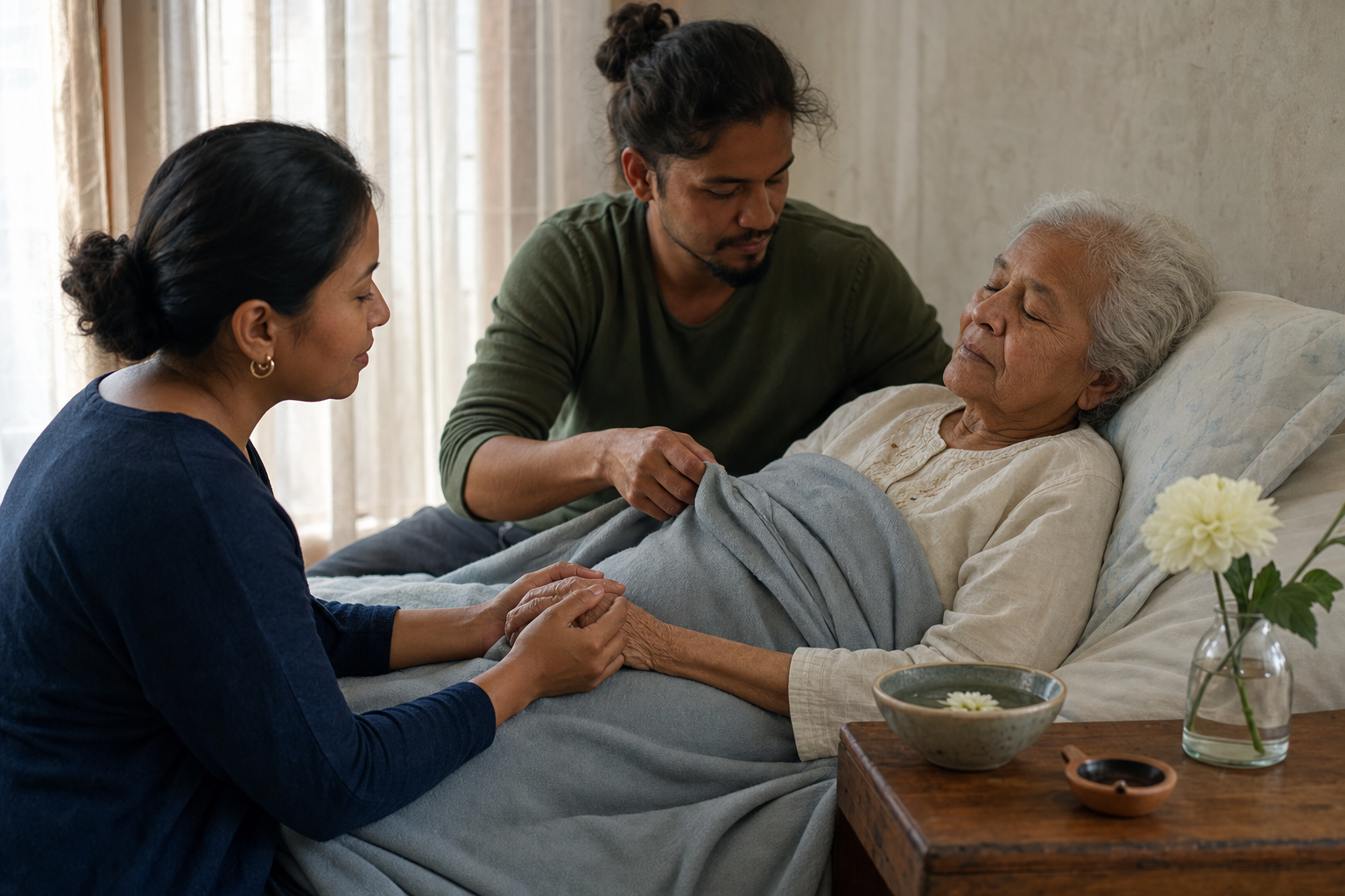 Two loved ones sit beside a frail older adult in bed, holding a hand and gently adjusting the blanket in a softly lit room.