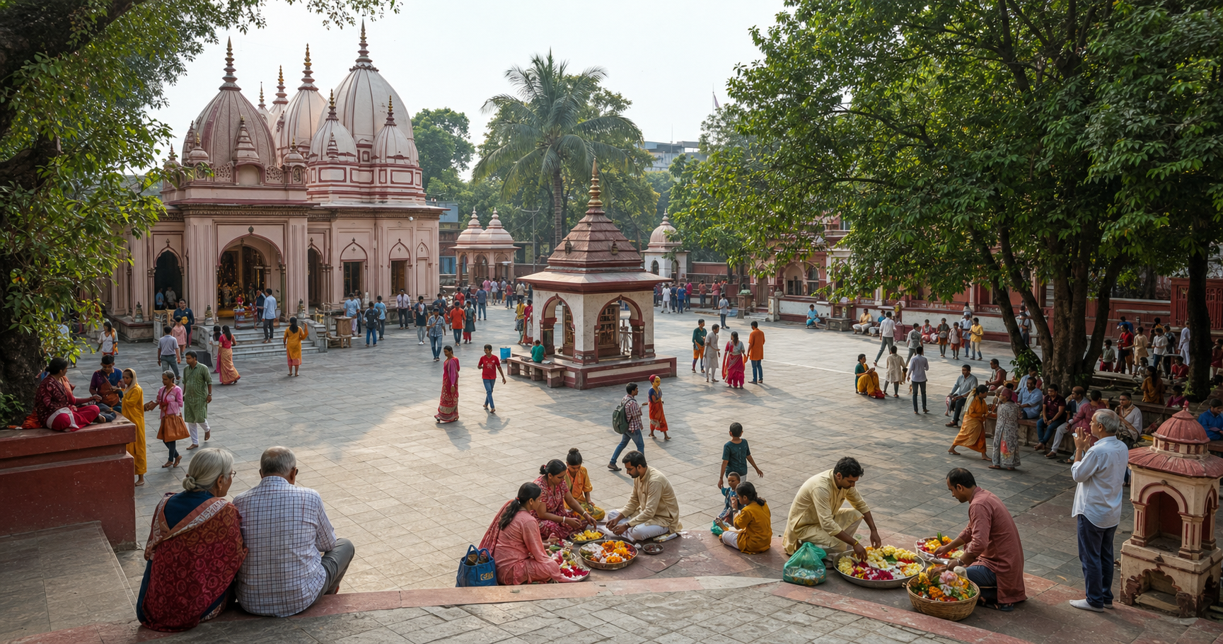 Families, individual devotees, elders, and volunteers share the courtyard among the shrines and gathering spaces of Dhakeshwari Temple.