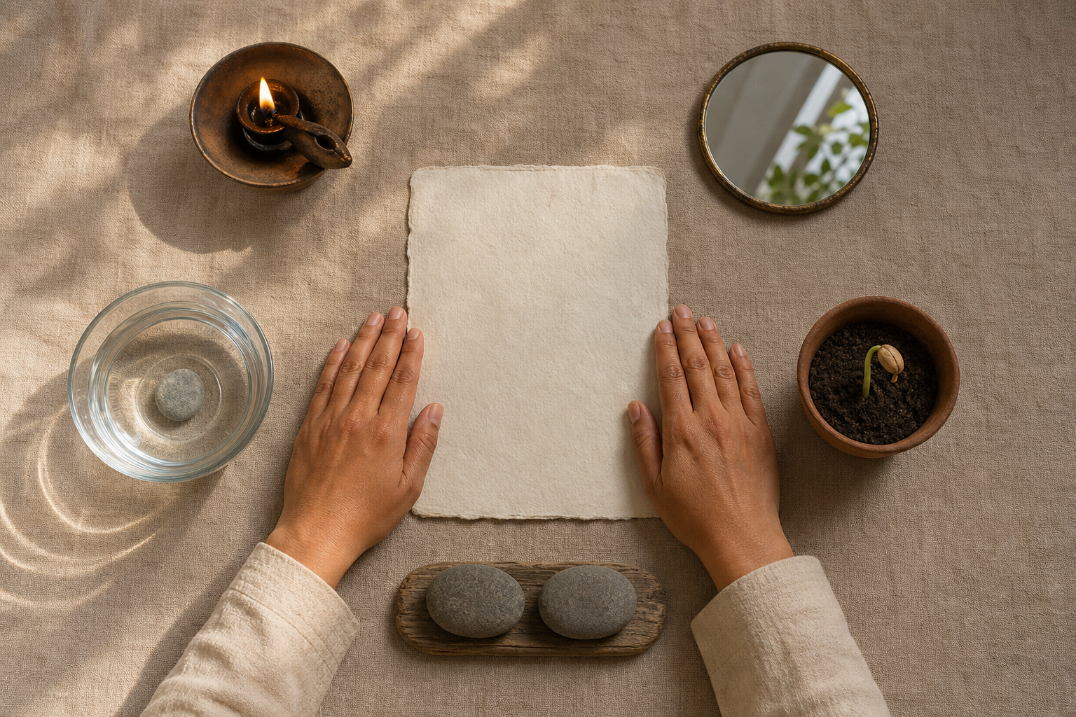 Hands frame a blank sheet surrounded by five objects: an oil lamp, a mirror, a clear bowl, balanced stones, and a sprouting seed.