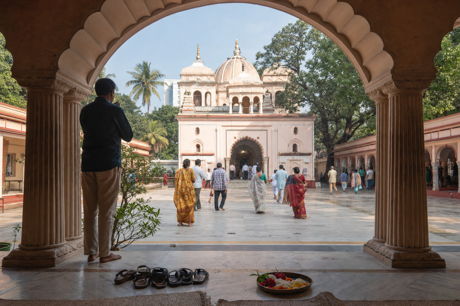 A respectful visitor waits beside a shaded temple arch while barefoot devotees cross the morning courtyard toward the shrine.