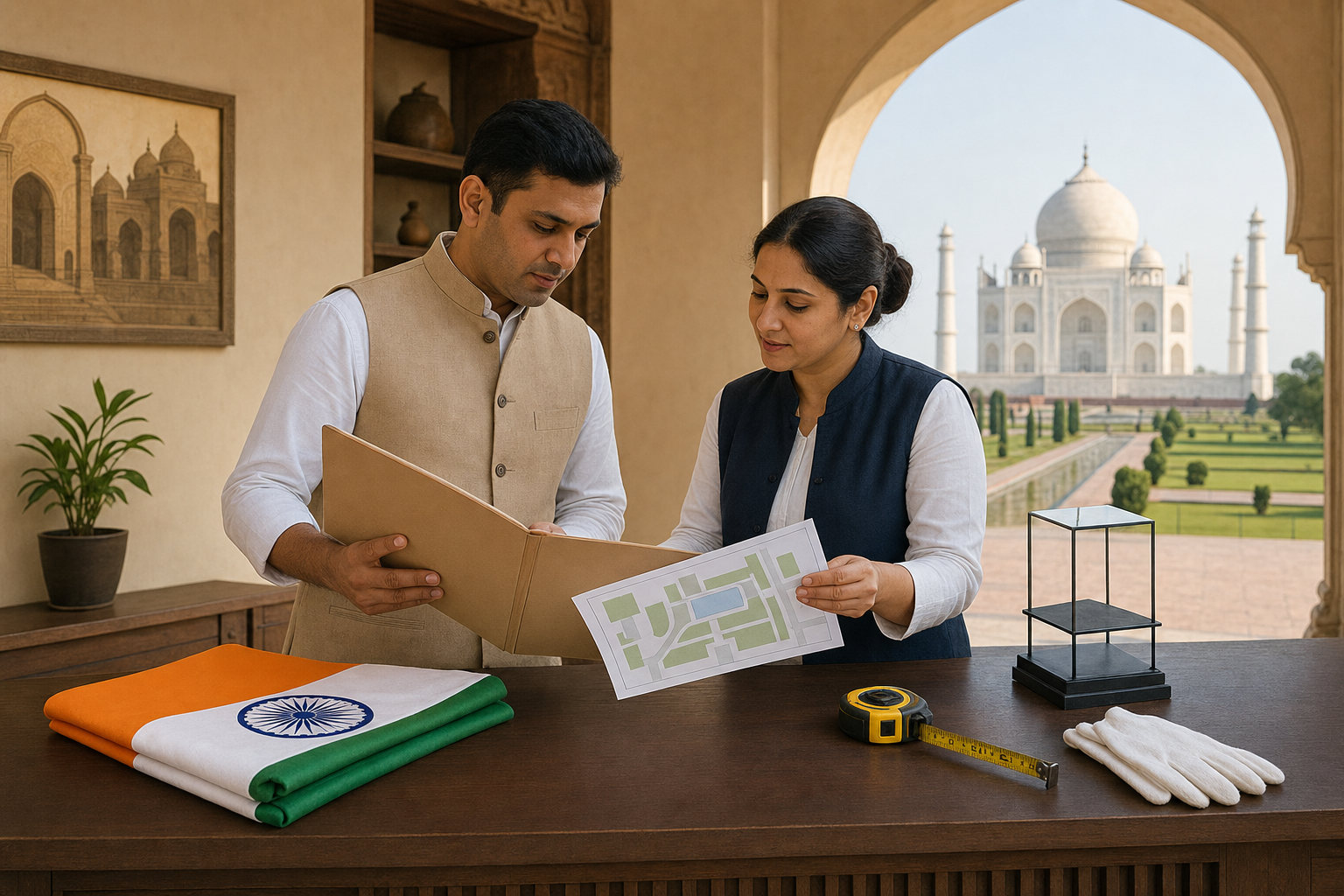 An organizer and a heritage official review an unlabeled site plan beside a folded Indian flag and conservation-safe display materials, with the Taj Mahal in the distance.